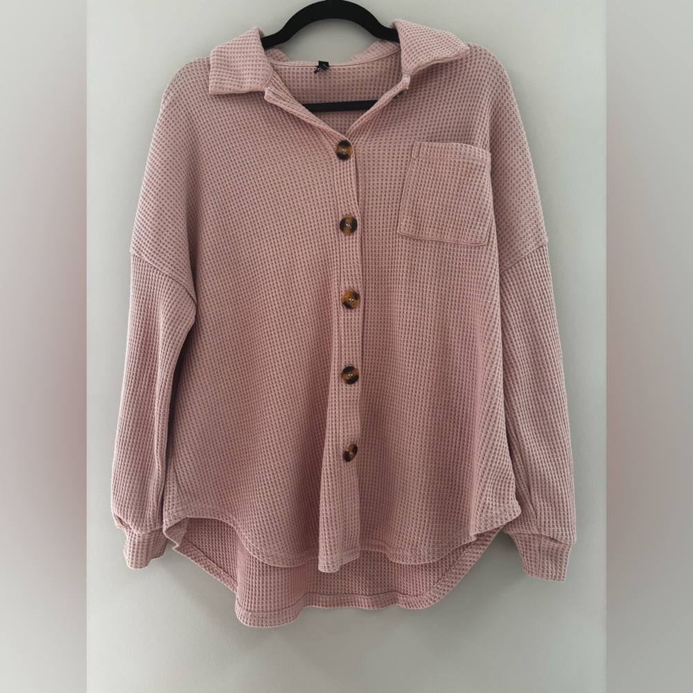 Cozy Pink Button-Down Waffle Knit Shacket